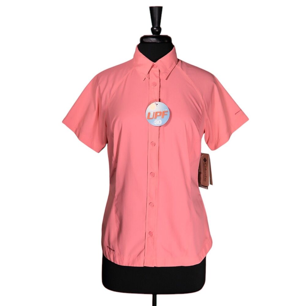 Columbia Titanium Women's Shirt Button Up Pink Omni Dry Wick Short Sleeve M NWT